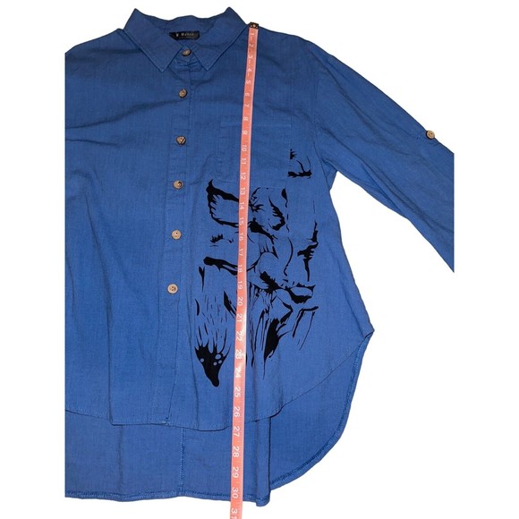 E-Retro Women's Long Sleeve Button Down Up Shirt sz XL High-Low Blue Oversized - Picture 2 of 6